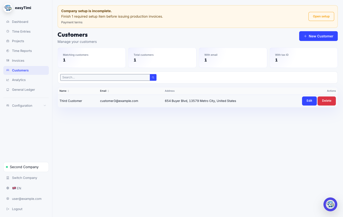 easyTimi customers screen showing customer records used for invoice and tax details