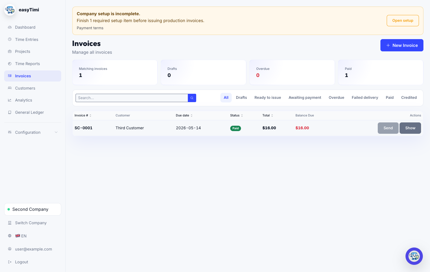 easyTimi invoices screen showing invoice records, statuses, and billing actions