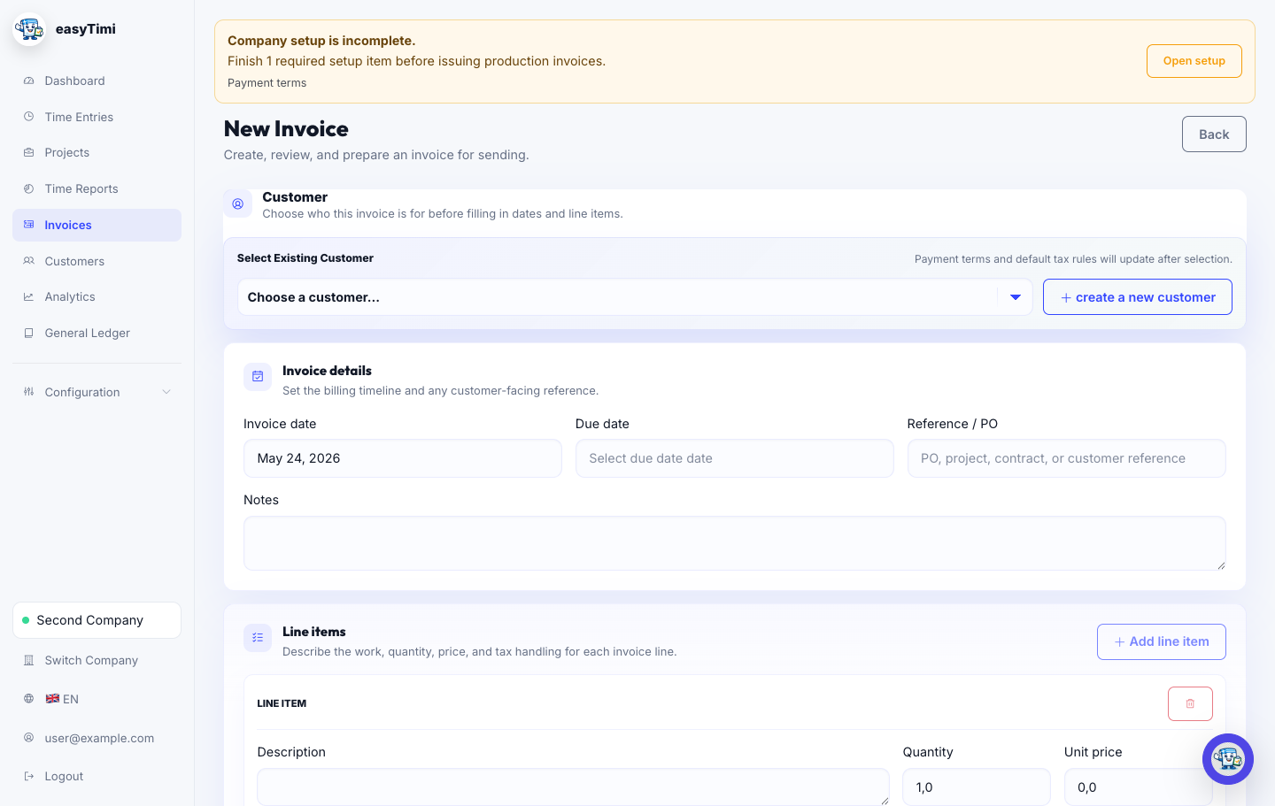 easyTimi new invoice form with customer selection, invoice details, and line items