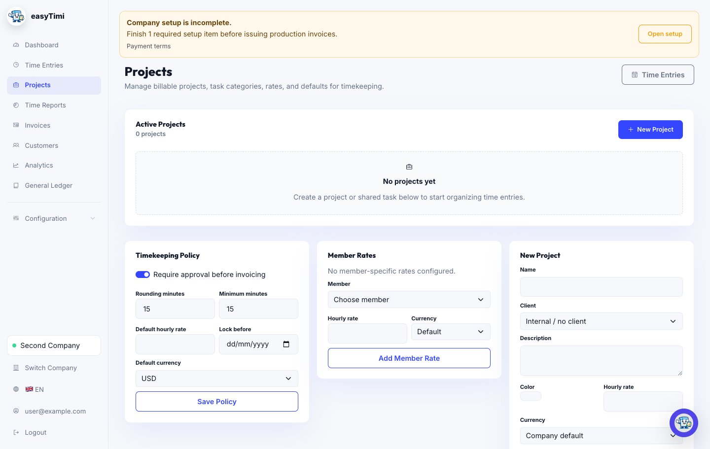 easyTimi projects screen with timekeeping policy, rates, and project setup