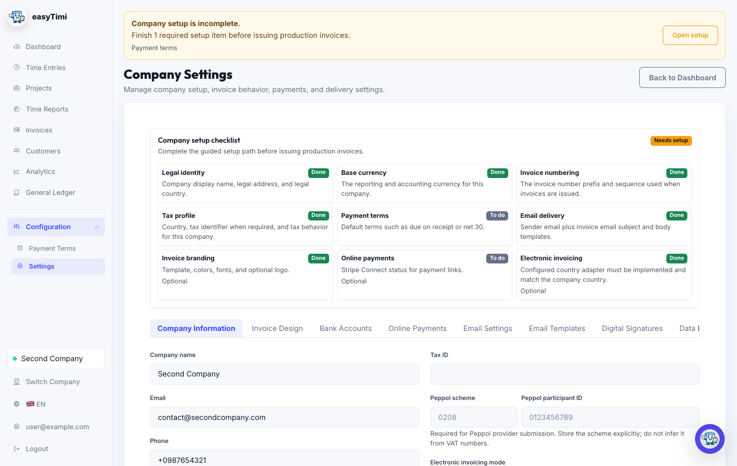 easyTimi settings screen with company, invoice, payment, and email configuration tabs
