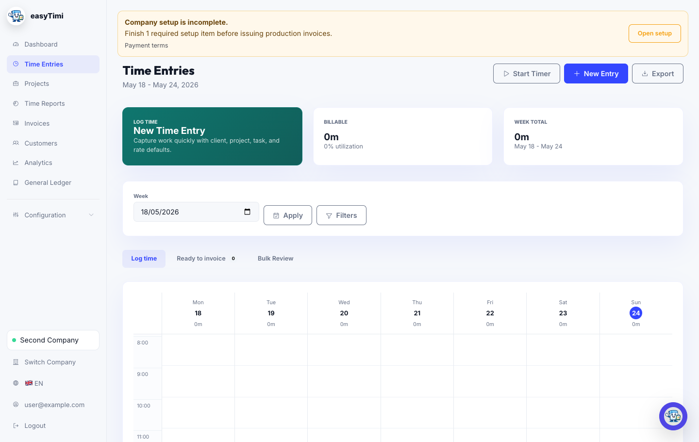 easyTimi time entries screen with weekly time records, filters, and invoice actions
